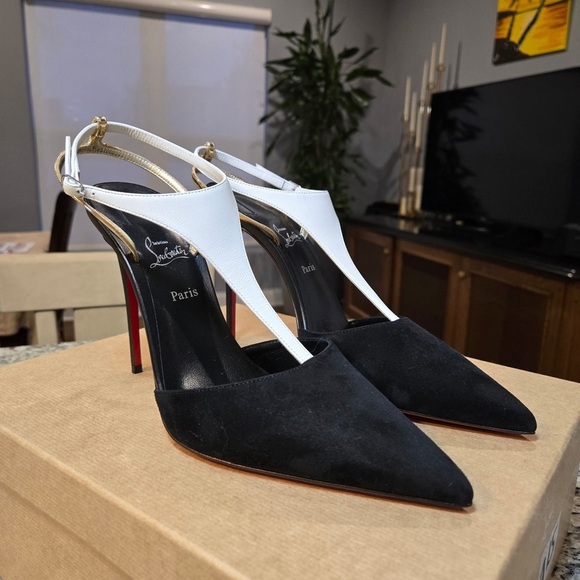 NEW Christian Louboutin Athina Black Suede and White Leather Heels 100mm Size 39 - Picture 4 of 11